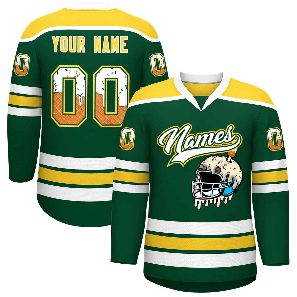 Custom Green Gold Ice Cream Helmet Pattern Personalized V-Neck Hockey Jersey