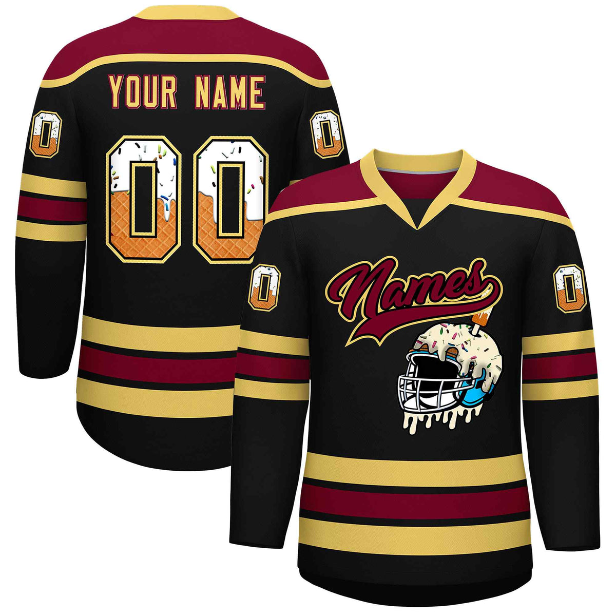 Custom Black Khaki Ice Cream Helmet Pattern Personalized V-Neck Hockey Jersey