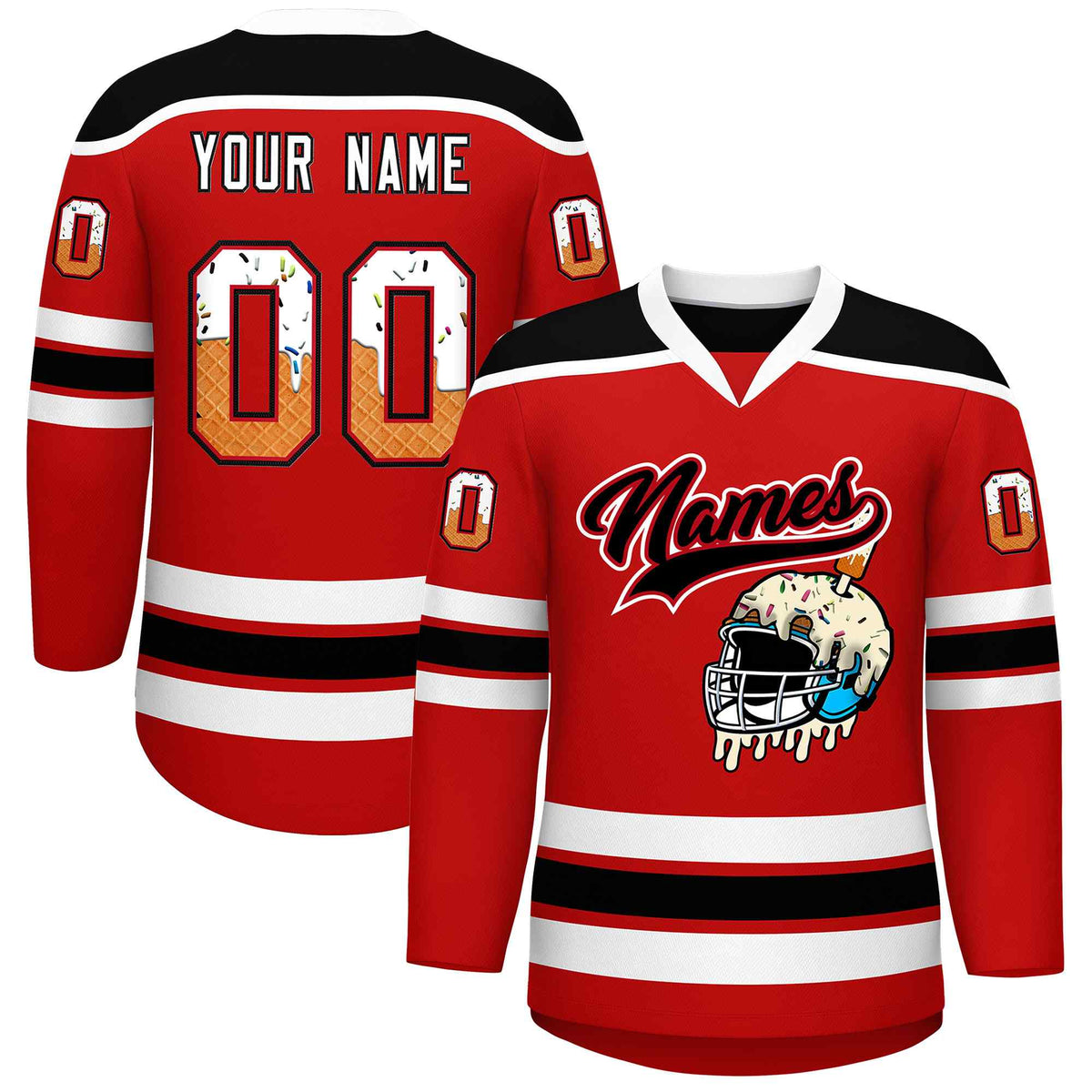 Custom Red White Ice Cream Helmet Pattern Personalized V-Neck Hockey Jersey