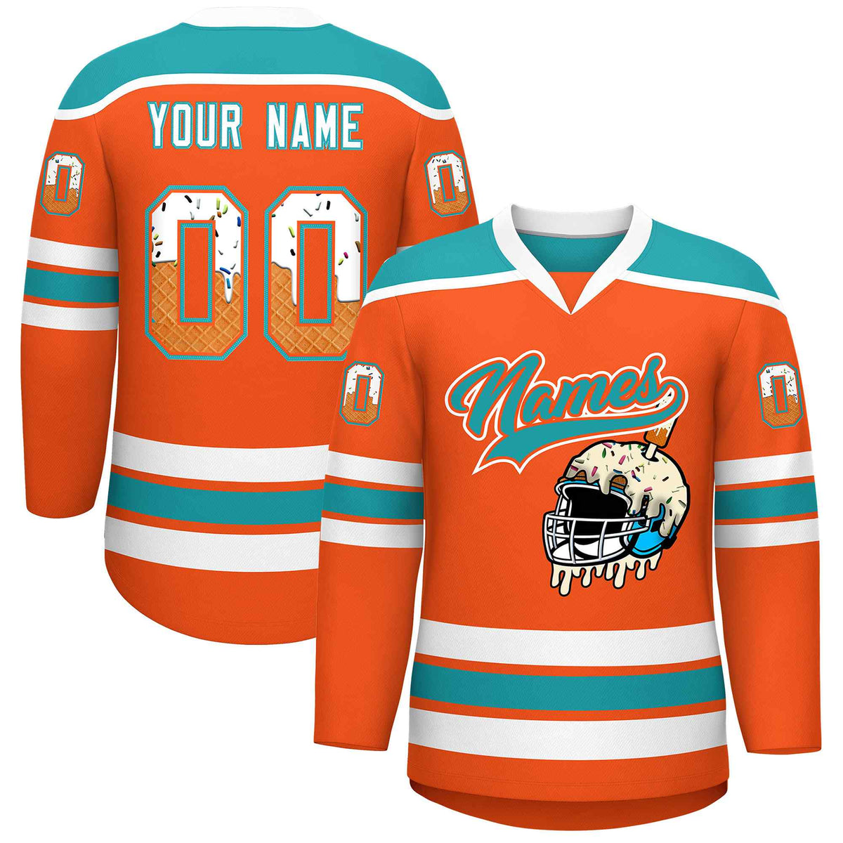Custom Orange Aqua Ice Cream Helmet Pattern Personalized V-Neck Hockey Jersey