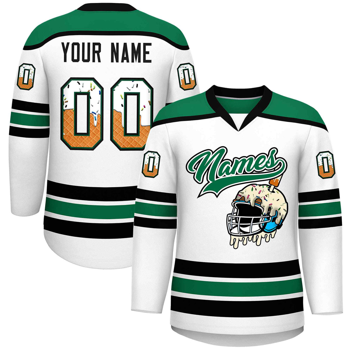 Custom White Kelly Green Ice Cream Helmet Pattern Personalized V-Neck Hockey Jersey