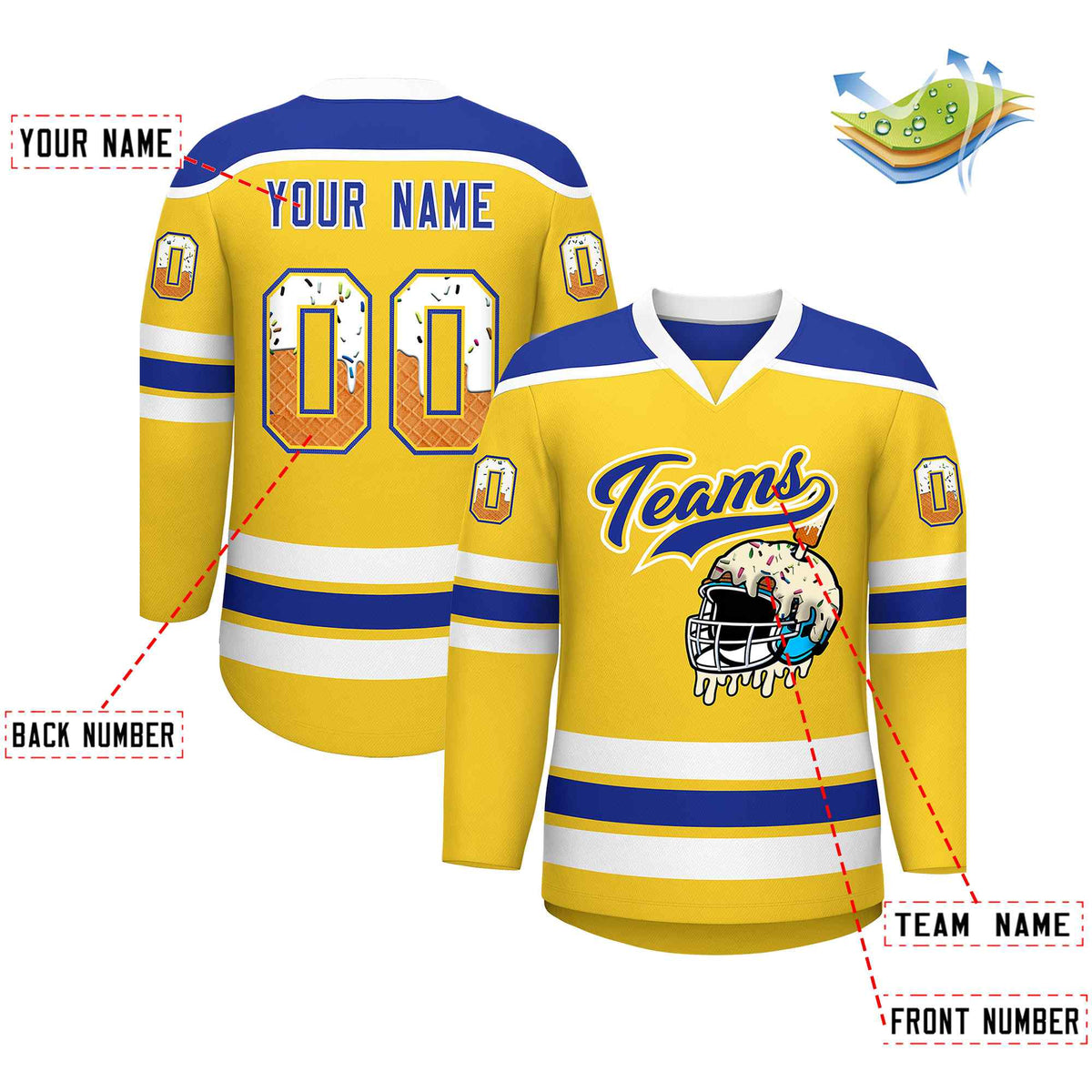 Custom Gold Royal Blue Ice Cream Helmet Pattern Personalized V-Neck Hockey Jersey