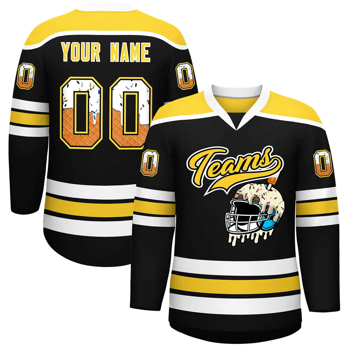 Custom Black Gold Ice Cream Helmet Pattern Personalized V-Neck Hockey Jersey