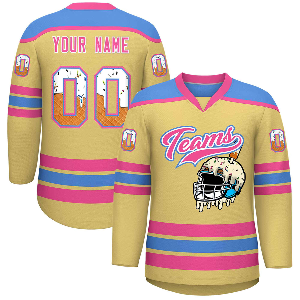 Custom Khaki Powder Blue Ice Cream Helmet Pattern Personalized V-Neck Hockey Jersey