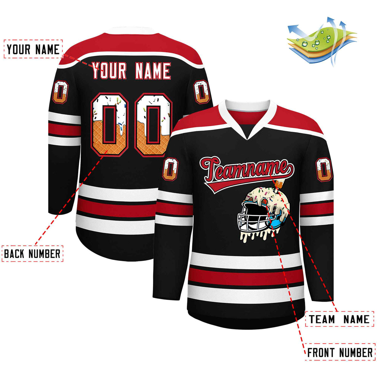 Custom Black Red Ice Cream Helmet Pattern Personalized V-Neck Hockey Jersey| KXKSHOP