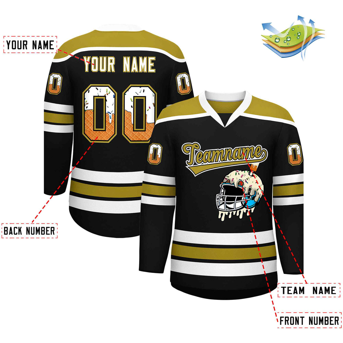 Custom Black Old Gold Ice Cream Helmet Pattern Personalized V-Neck Hockey Jersey| KXKSHOP