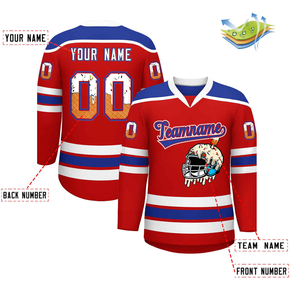 Custom Red Royal Blue Ice Cream Helmet Pattern Personalized V-Neck Hockey Jersey| KXKSHOP