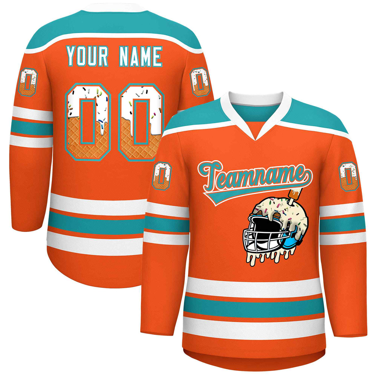 Custom Orange Aqua Ice Cream Helmet Pattern Personalized V-Neck Hockey Jersey| KXKSHOP