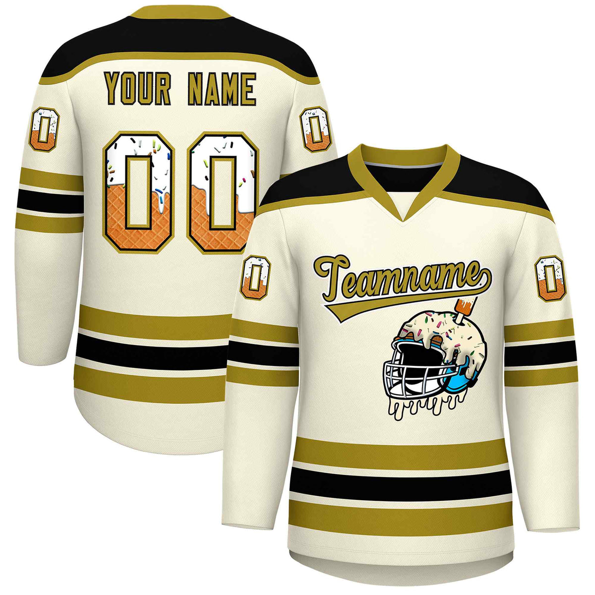 Custom Cream Old Gold Ice Cream Helmet Pattern Personalized V-Neck Hockey Jersey| KXKSHOP