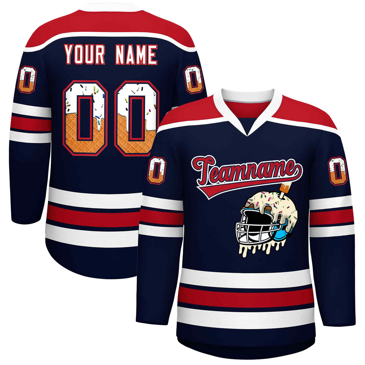 Custom Navy Red Ice Cream Helmet Pattern Personalized V-Neck Hockey Jersey| KXKSHOP