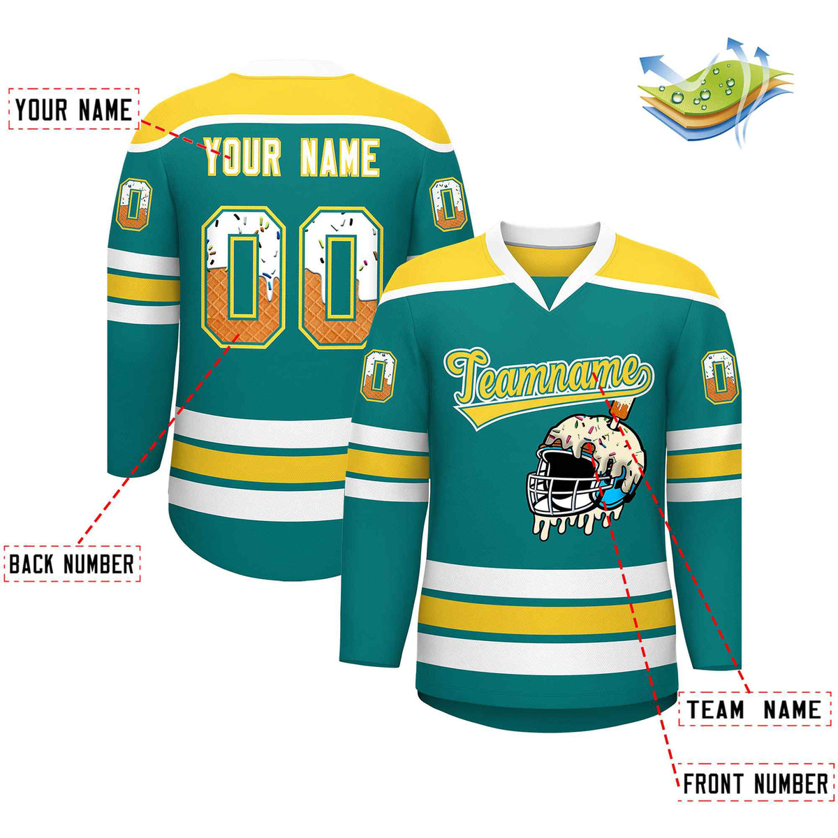 Custom Teal Gold Ice Cream Helmet Pattern Personalized V-Neck Hockey Jersey| KXKSHOP