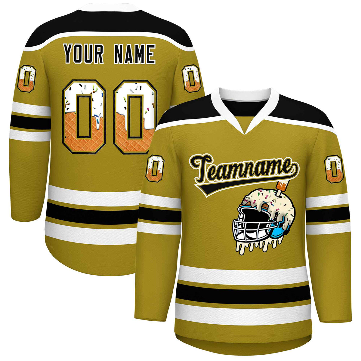 Custom Old Gold Black Ice Cream Helmet Pattern Personalized V-Neck Hockey Jersey| KXKSHOP