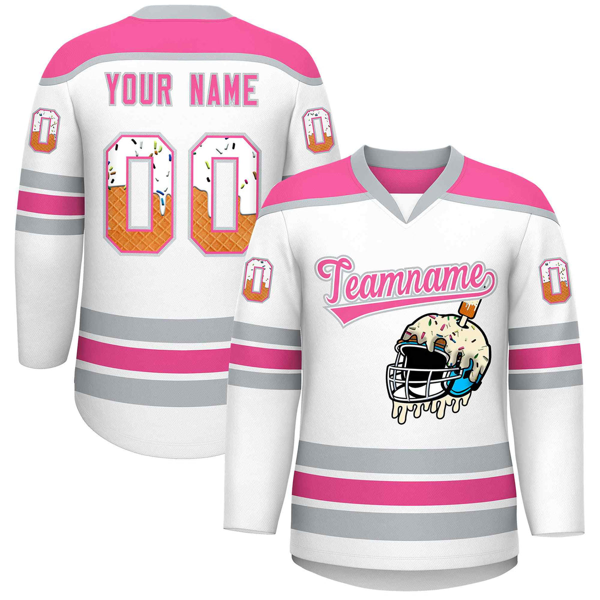 Custom White Pink Ice Cream Helmet Pattern Personalized V-Neck Hockey Jersey| KXKSHOP