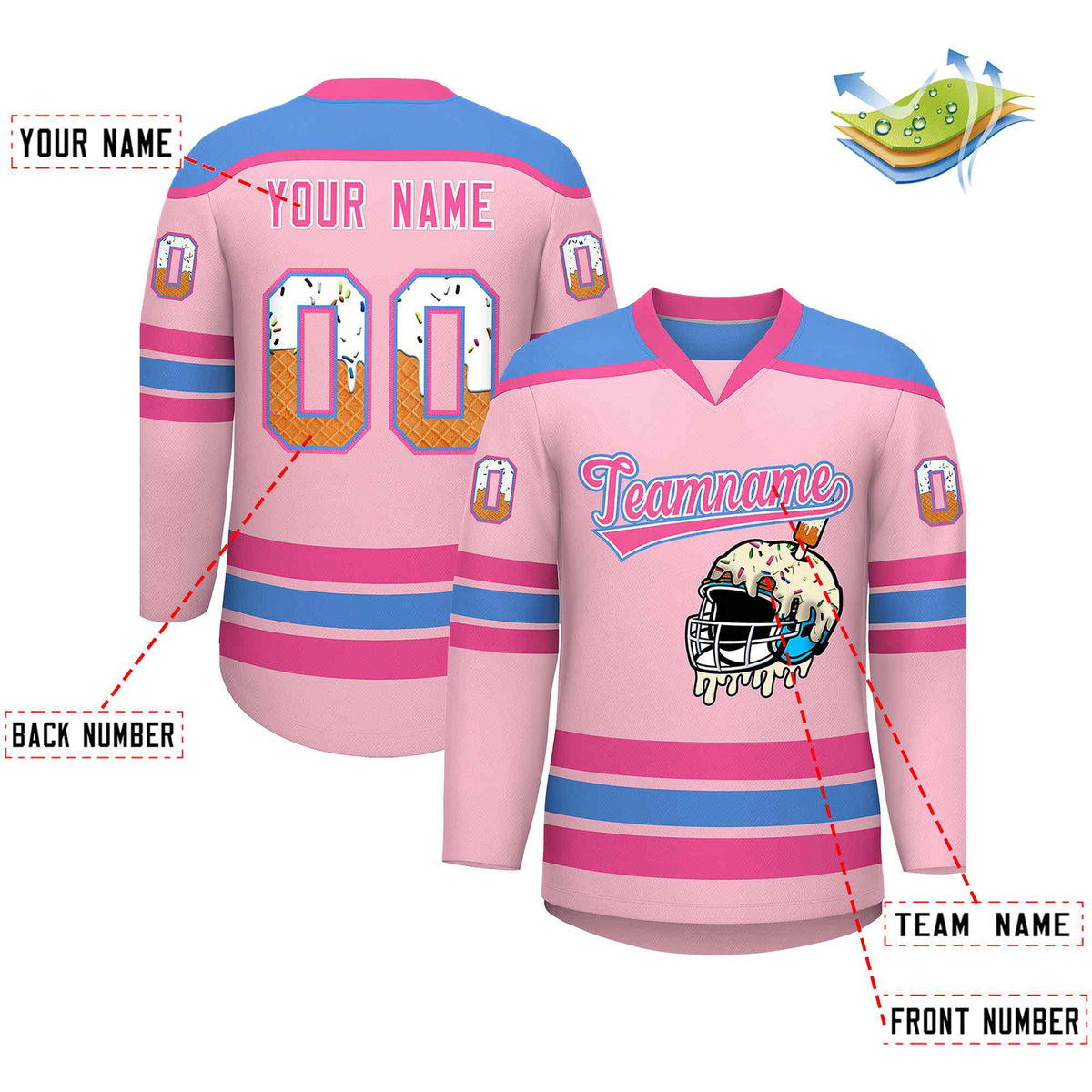 Custom Light Pink Powder Blue Ice Cream Helmet Pattern Personalized V-Neck Hockey Jersey| KXKSHOP