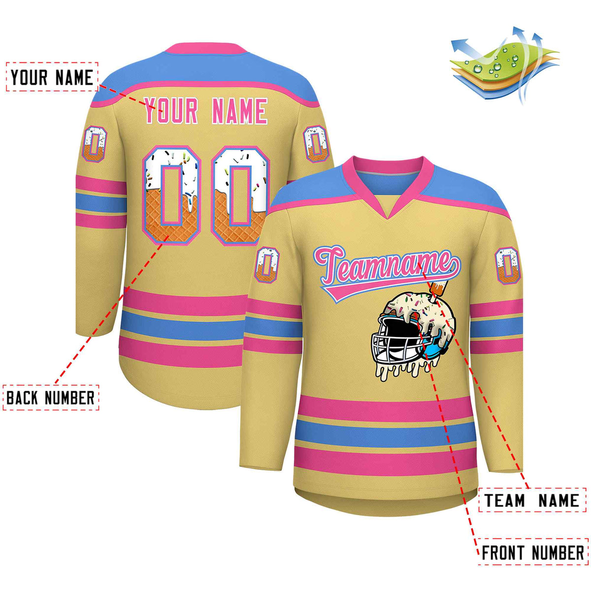 Custom Khaki Powder Blue Ice Cream Helmet Pattern Personalized V-Neck Hockey Jersey| KXKSHOP