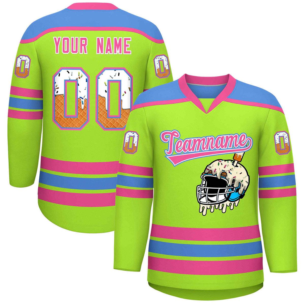 Custom Neon Green Powder Blue Ice Cream Helmet Pattern Personalized V-Neck Hockey Jersey| KXKSHOP