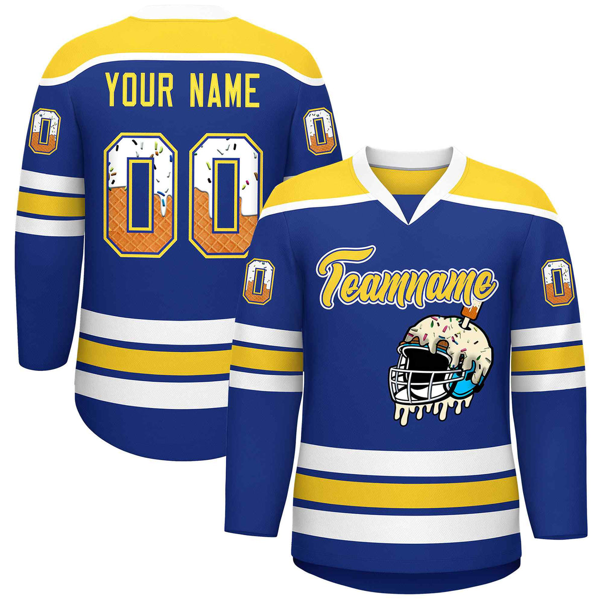 Custom Royal Blue Gold Ice Cream Helmet Pattern Personalized V-Neck Hockey Jersey