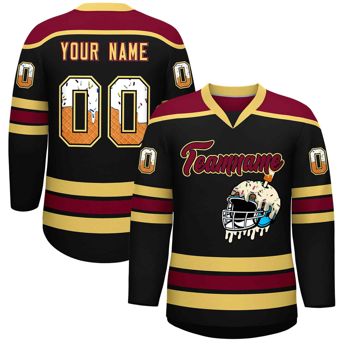 Custom Black Khaki Ice Cream Helmet Pattern Personalized V-Neck Hockey Jersey