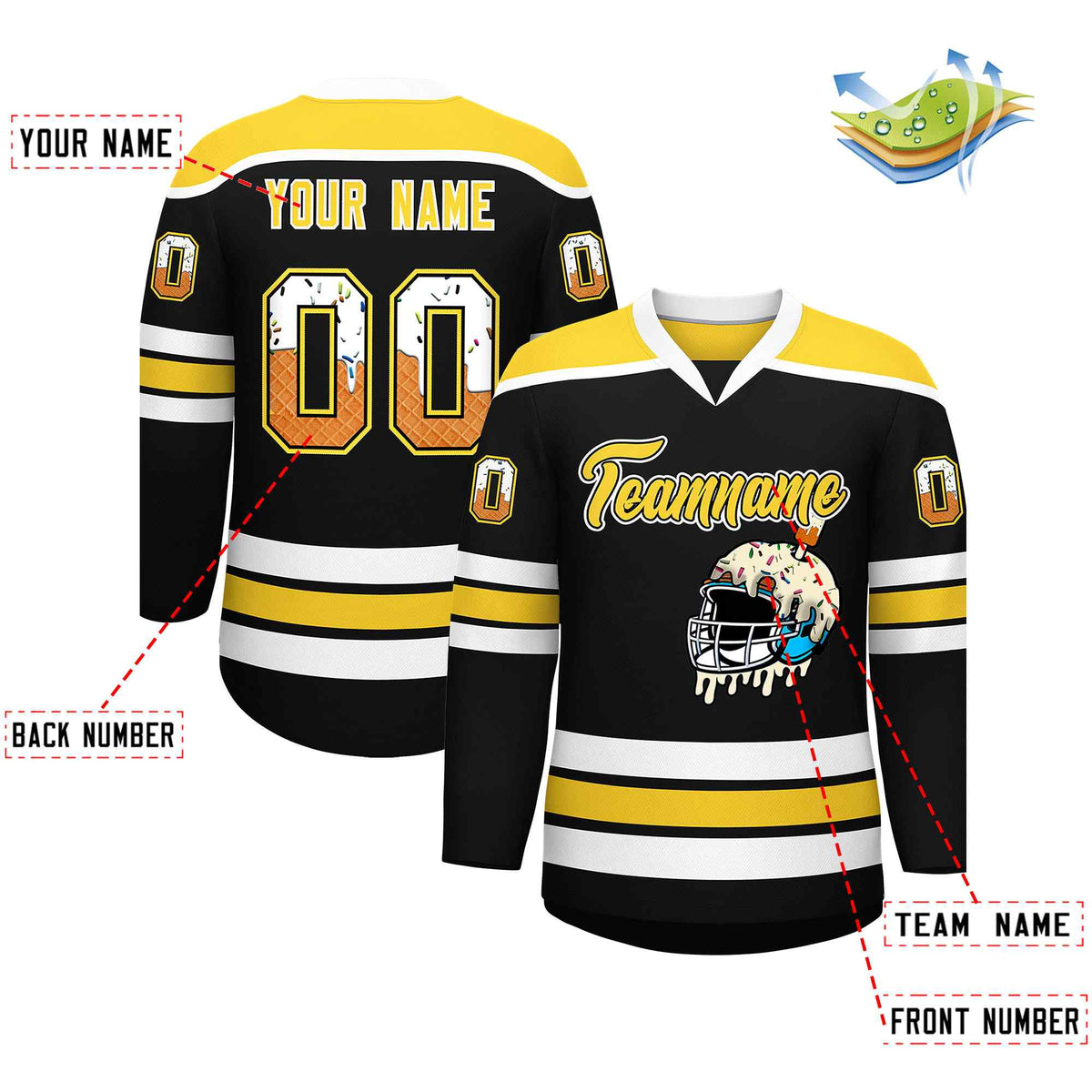 Custom Black Gold Ice Cream Helmet Pattern Personalized V-Neck Hockey Jersey