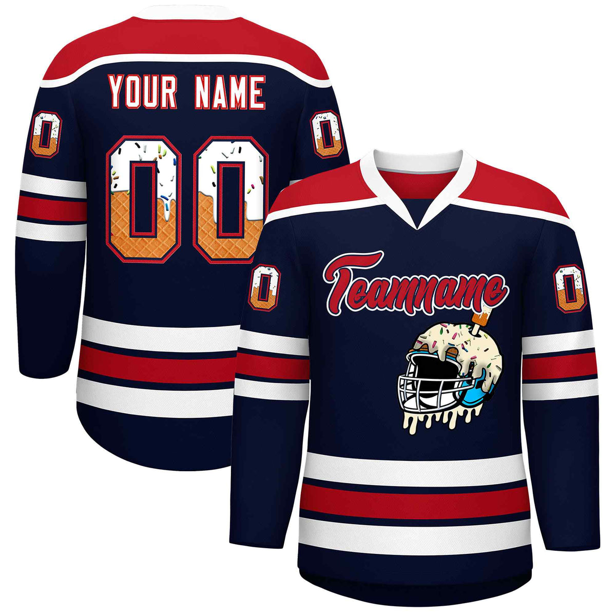 Custom Navy Red Ice Cream Helmet Pattern Personalized V-Neck Hockey Jersey