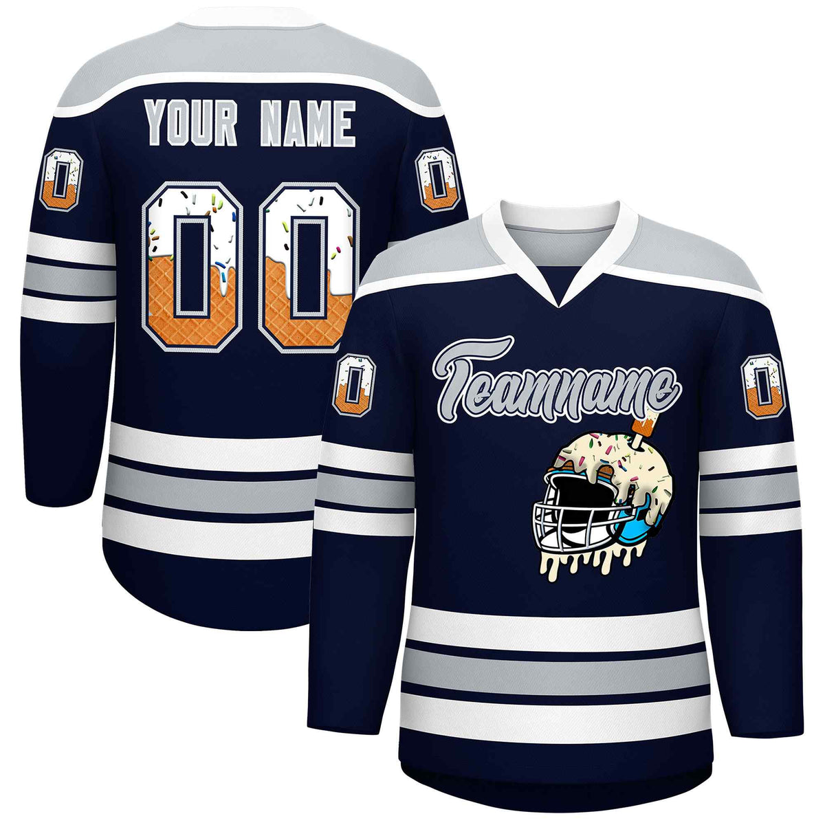 Custom Navy Silver Ice Cream Helmet Pattern Personalized V-Neck Hockey Jersey
