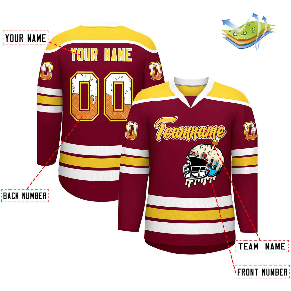 Custom Crimson Gold Ice Cream Helmet Pattern Personalized V-Neck Hockey Jersey