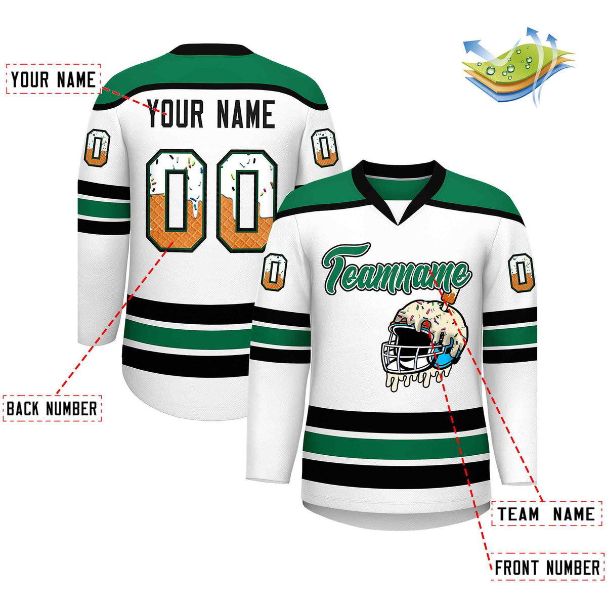 Custom White Kelly Green Ice Cream Helmet Pattern Personalized V-Neck Hockey Jersey