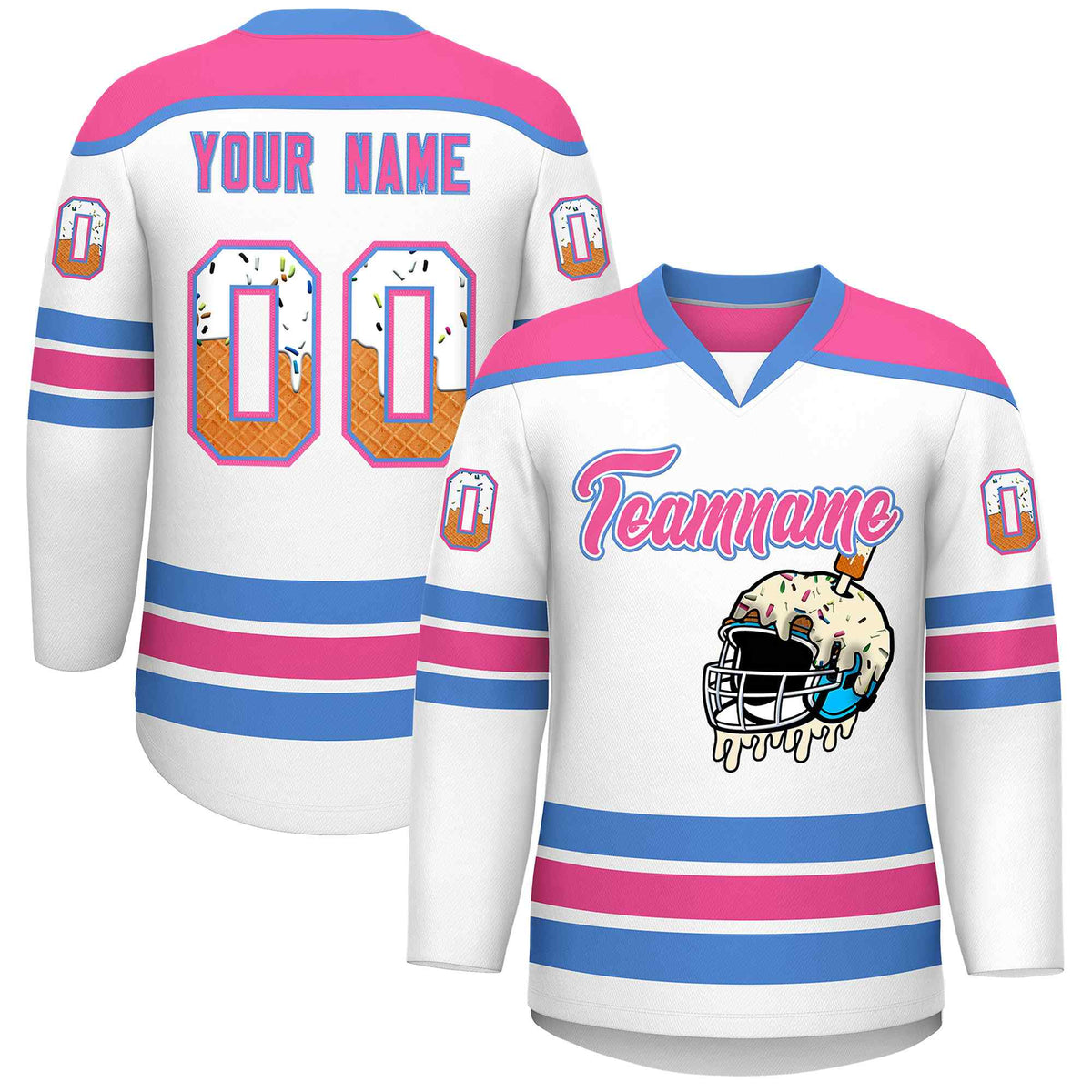Custom White Pink Ice Cream Helmet Pattern Personalized V-Neck Hockey Jersey