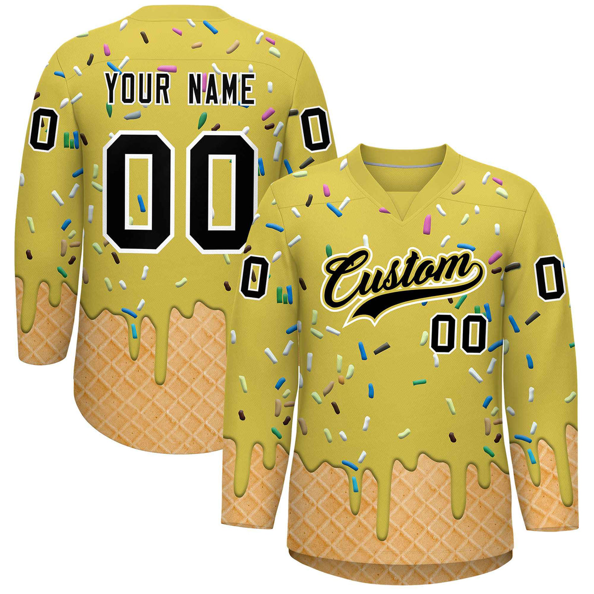 Custom Old Gold Black Ice Cream Pattern Personalized V-Neck Hockey Jersey