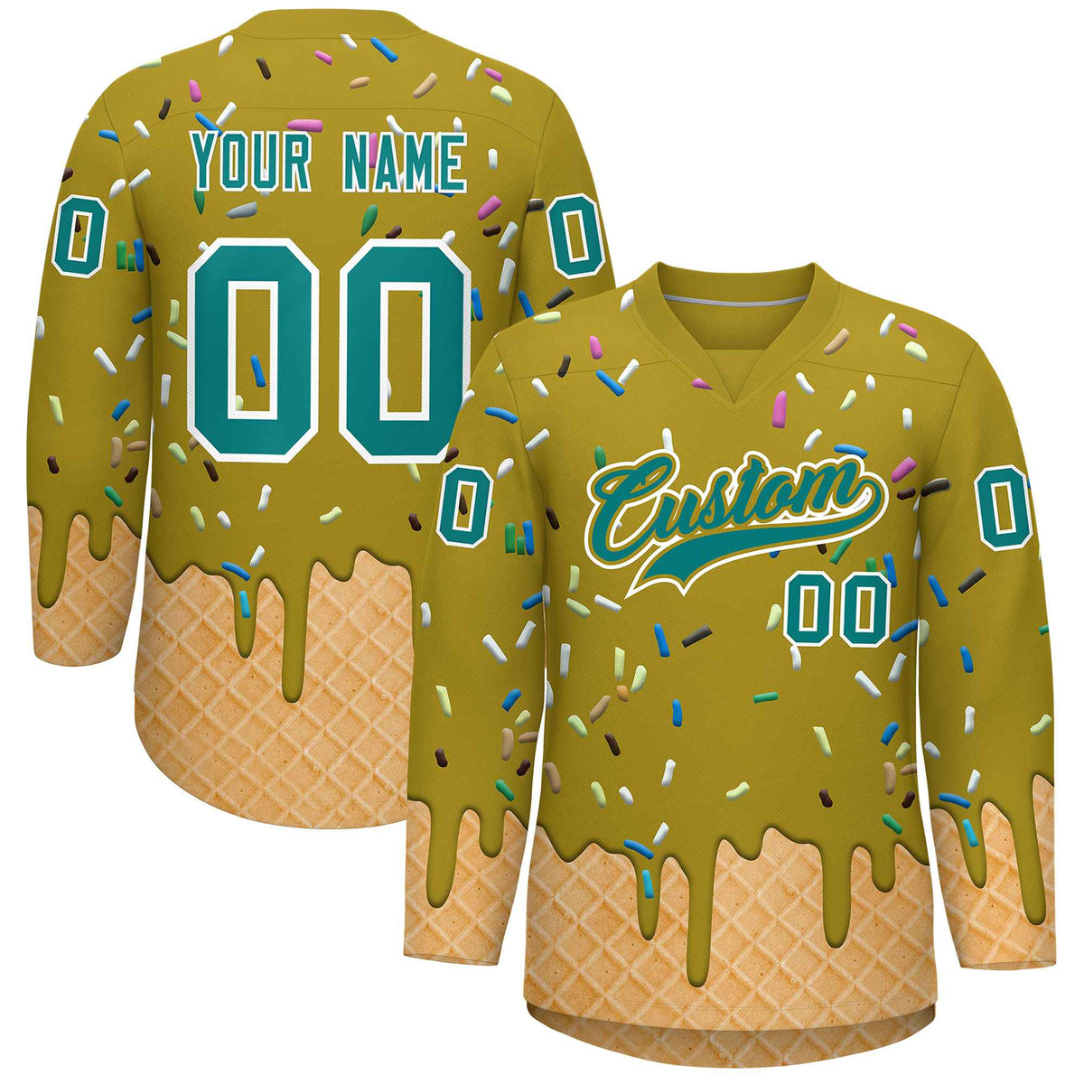 Custom Old Gold Teal Ice Cream Pattern Personalized V-Neck Hockey Jersey