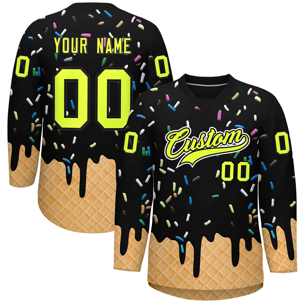Custom Black Fluorescent Green Ice Cream Pattern Personalized V-Neck Hockey Jersey