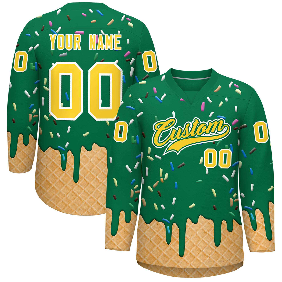 Custom Kelly Green Gold Ice Cream Pattern Personalized V-Neck Hockey Jersey