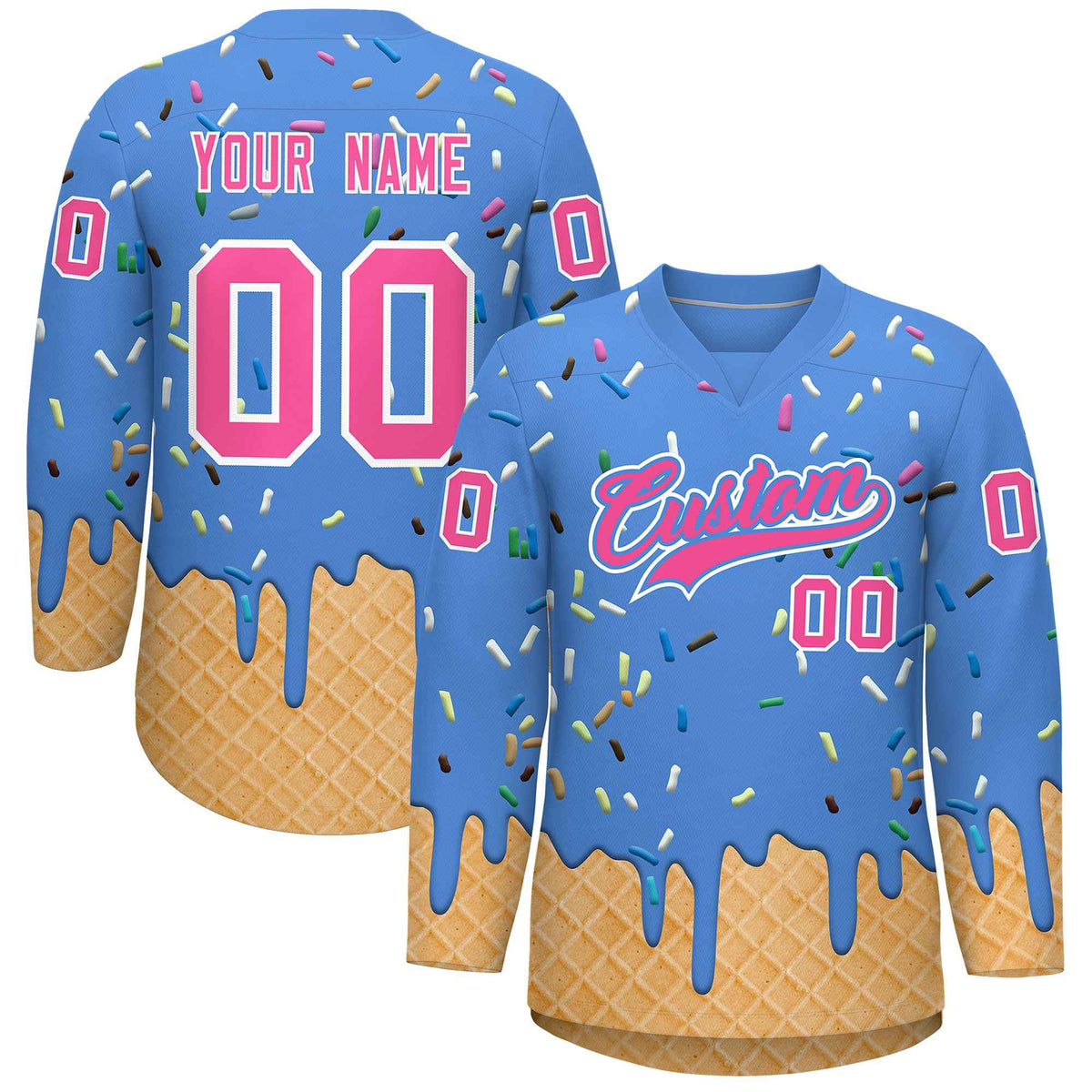 Custom Powder Blue Pink Ice Cream Pattern Personalized V-Neck Hockey Jersey