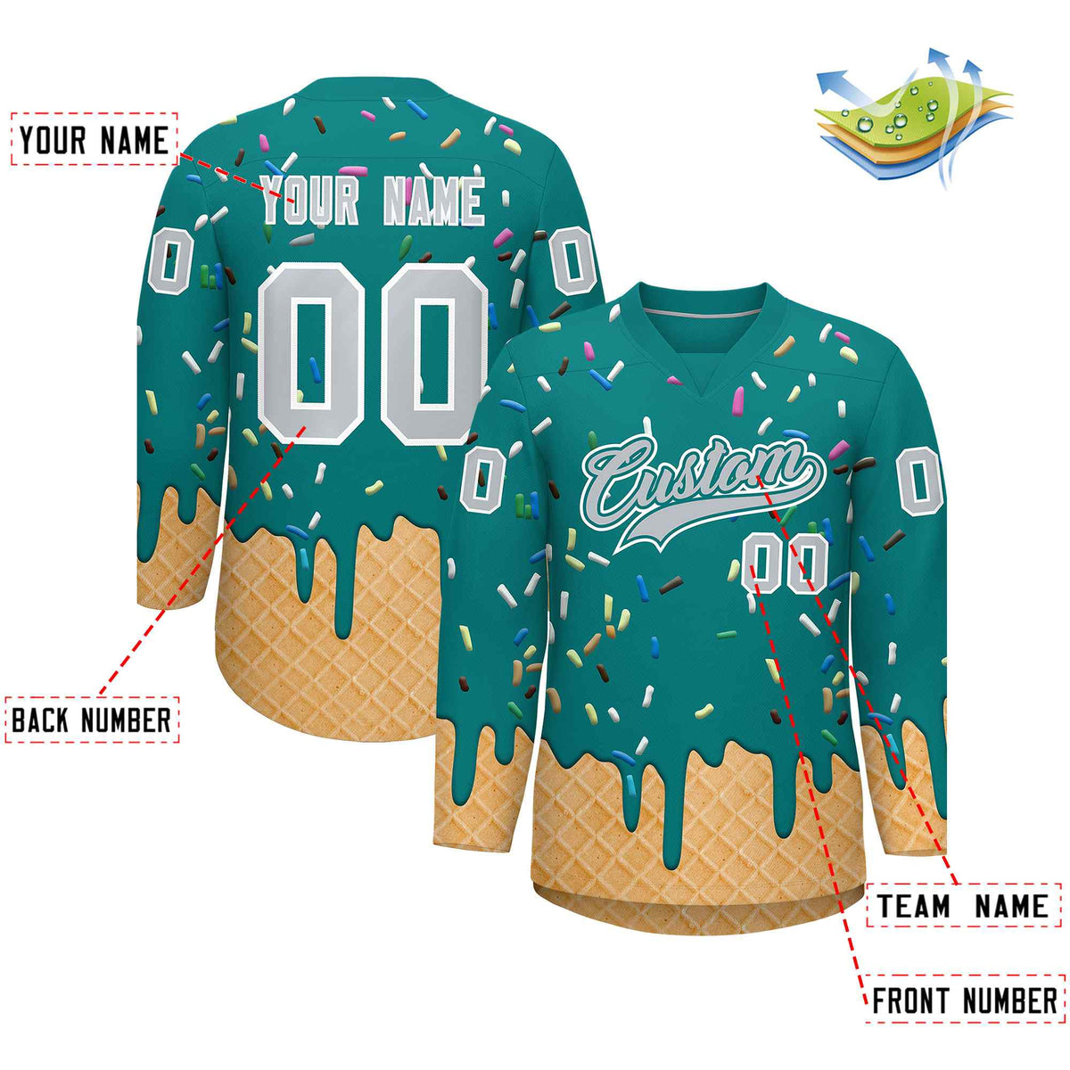 Custom Teal Silver Ice Cream Pattern Personalized V-Neck Hockey Jersey