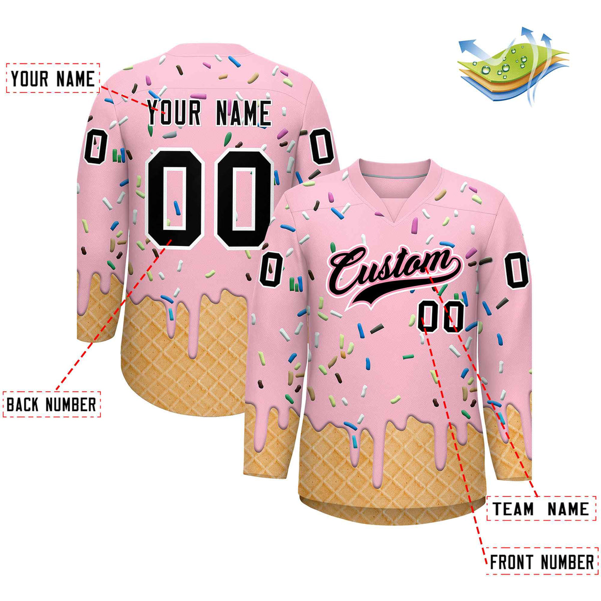 Custom Light Pink Black Ice Cream Pattern Personalized V-Neck Hockey Jersey
