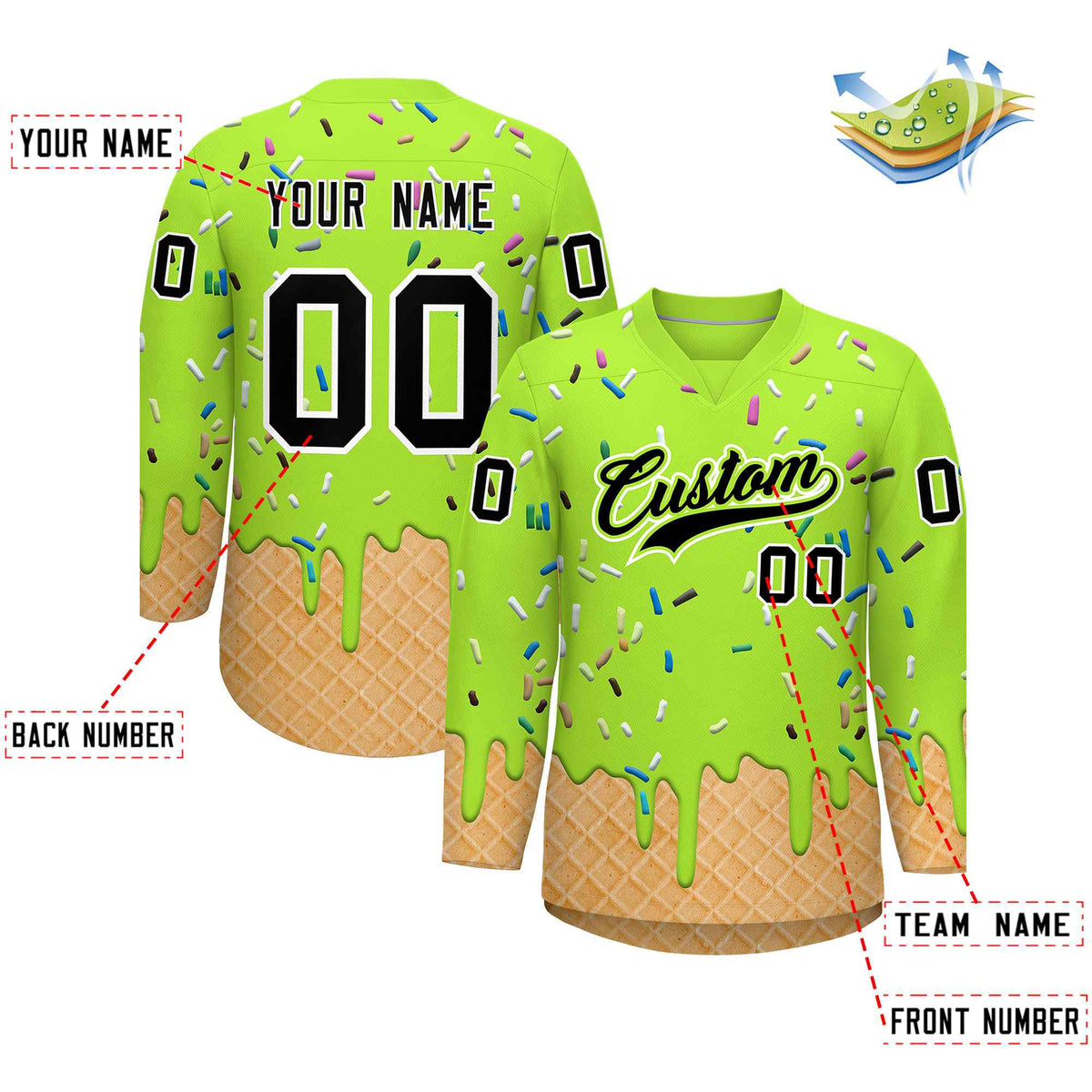 Custom Neon Green Black Ice Cream Pattern Personalized V-Neck Hockey Jersey