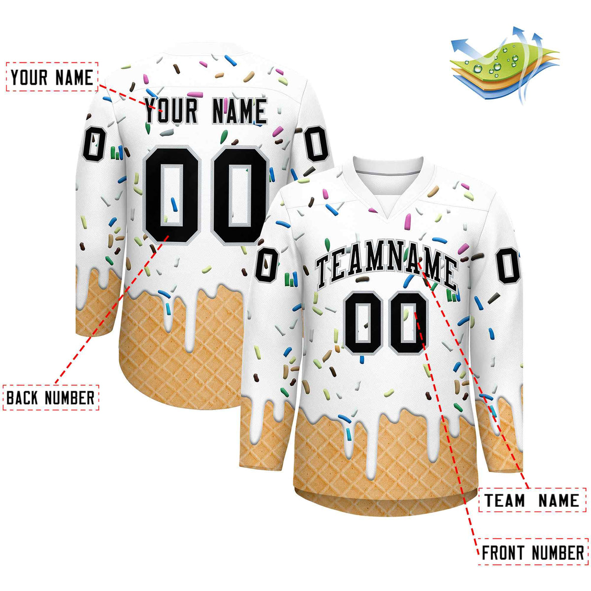Custom White Black Ice Cream Pattern Personalized V-Neck Hockey Jersey