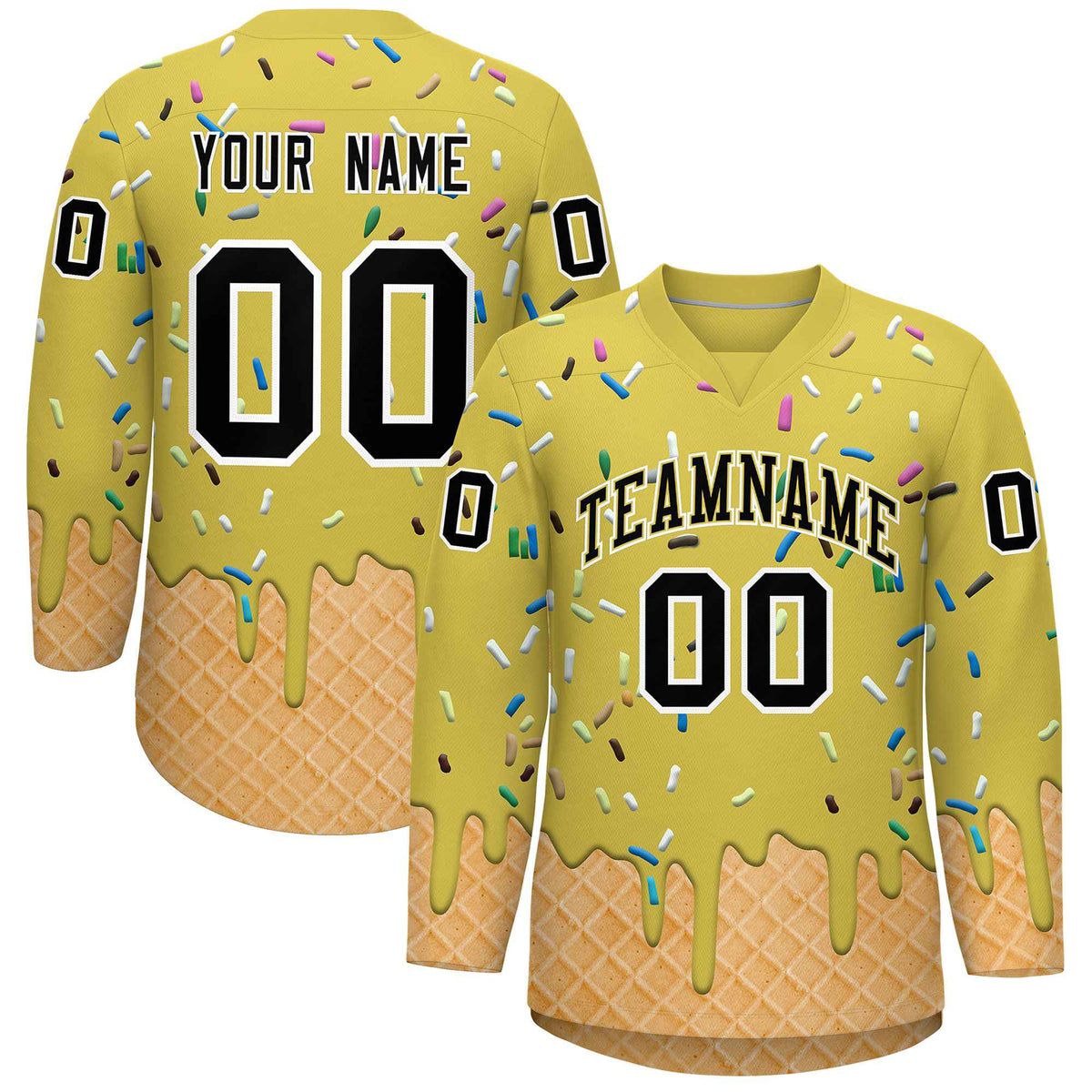 Custom Old Gold Black Ice Cream Pattern Personalized V-Neck Hockey Jersey