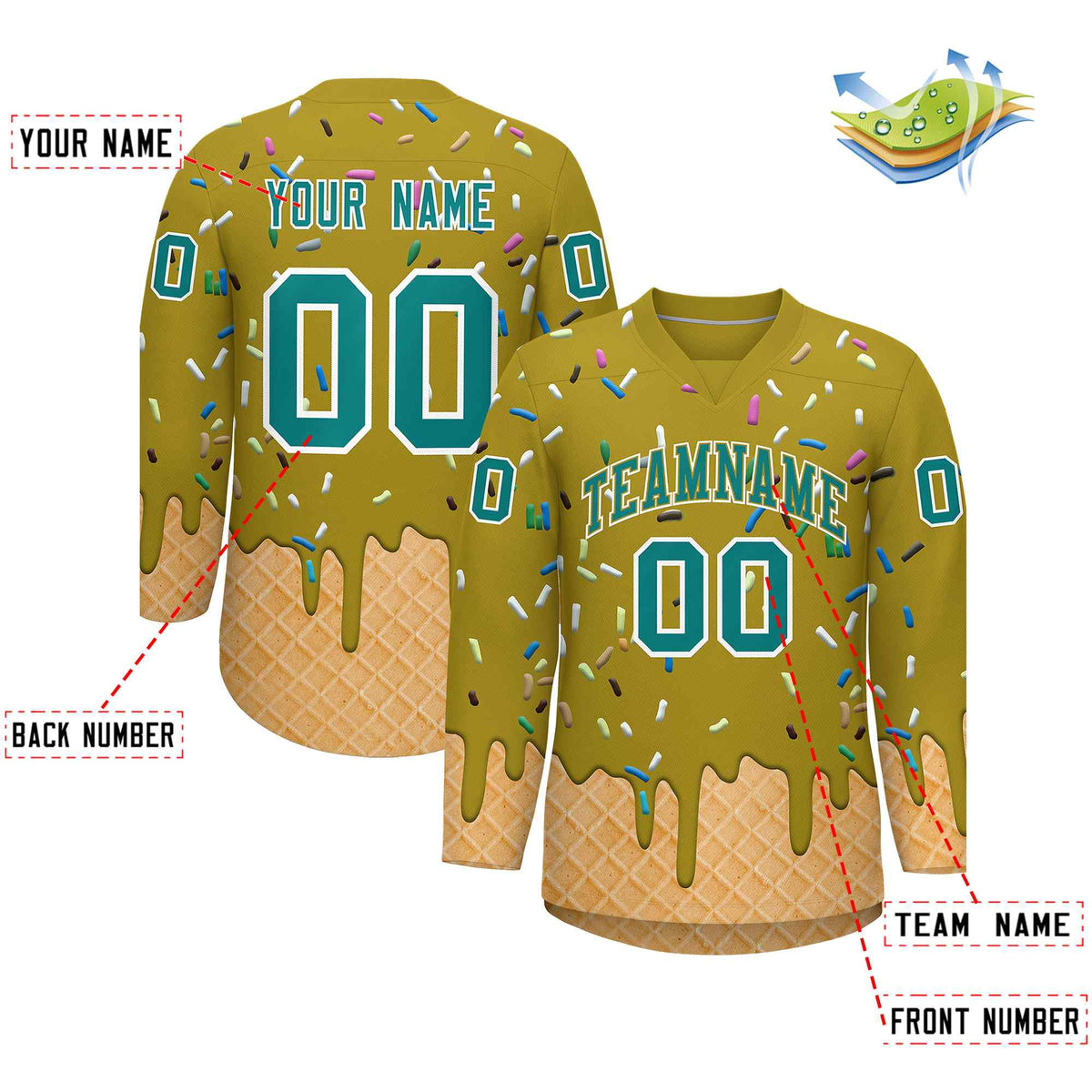 Custom Old Gold Teal Ice Cream Pattern Personalized V-Neck Hockey Jersey