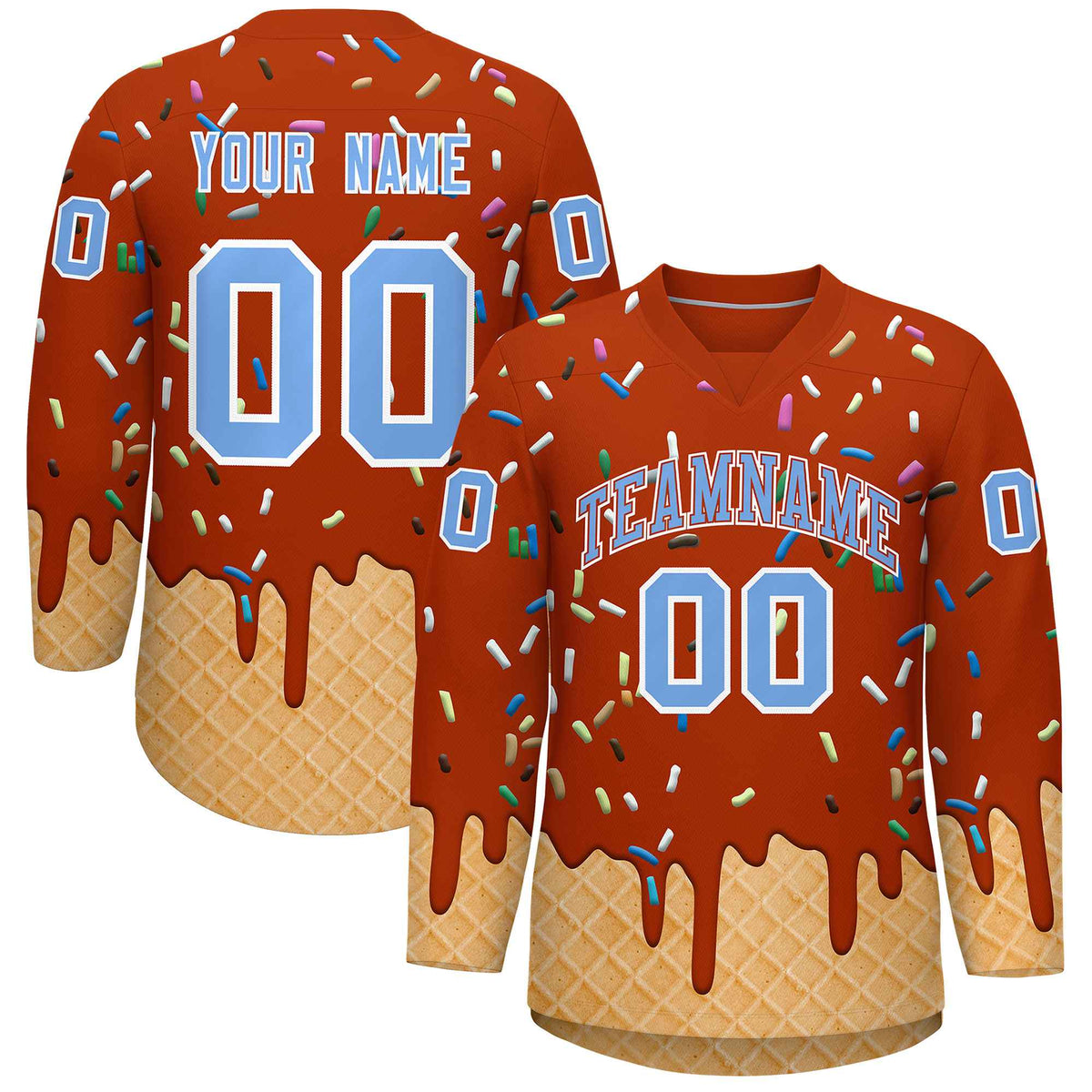 Custom Dark Orange Light Blue Ice Cream Pattern Personalized V-Neck Hockey Jersey