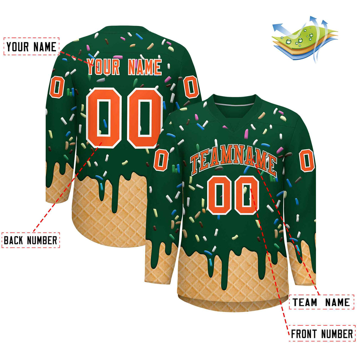 Custom Green Orange Ice Cream Pattern Personalized V-Neck Hockey Jersey