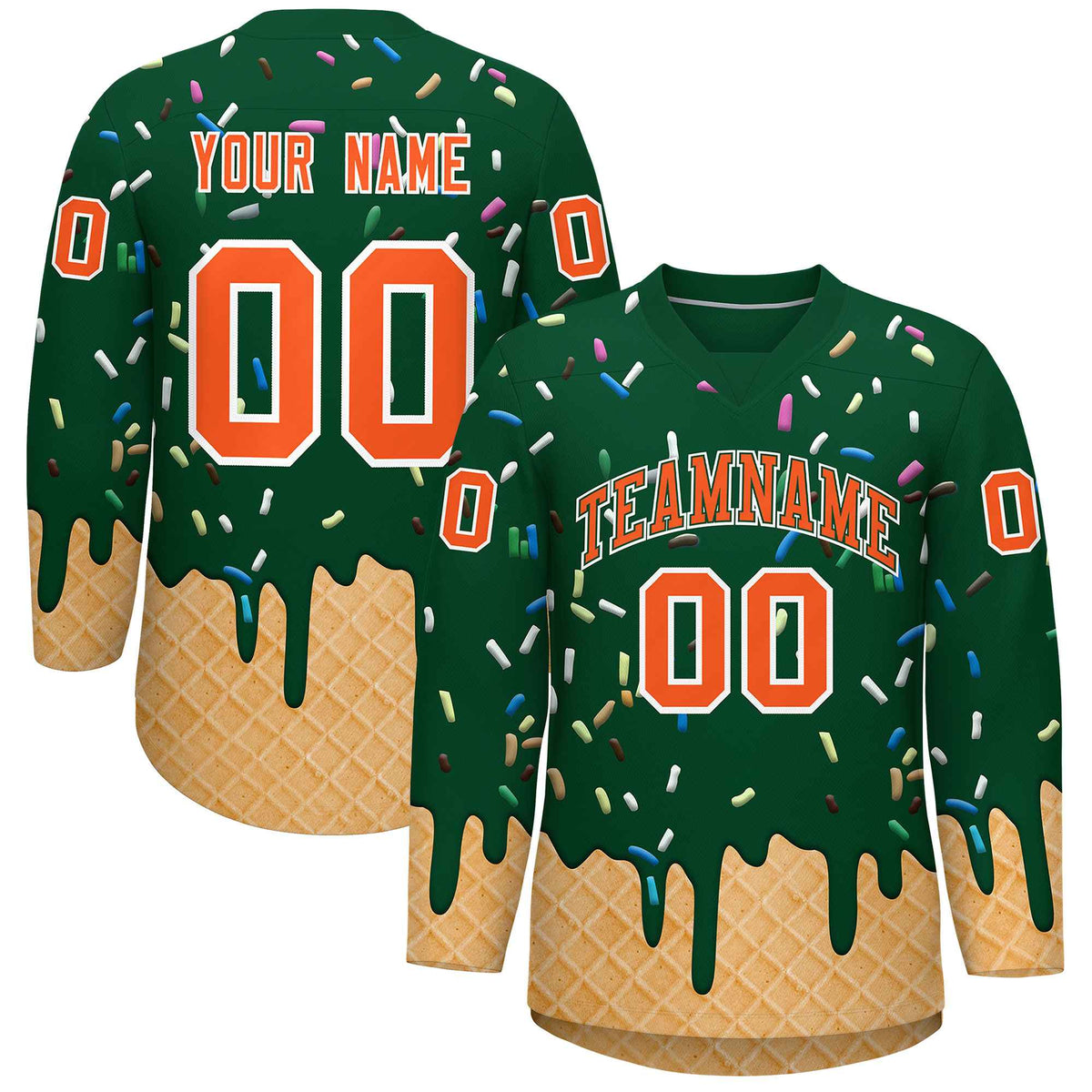 Custom Green Orange Ice Cream Pattern Personalized V-Neck Hockey Jersey
