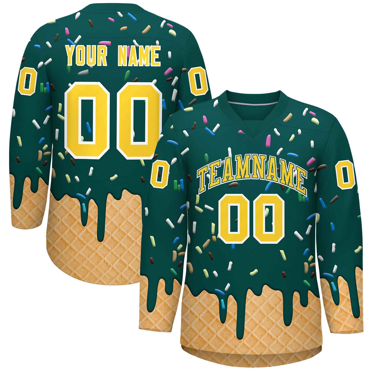 Custom Midnight Green Gold Ice Cream Pattern Personalized V-Neck Hockey Jersey