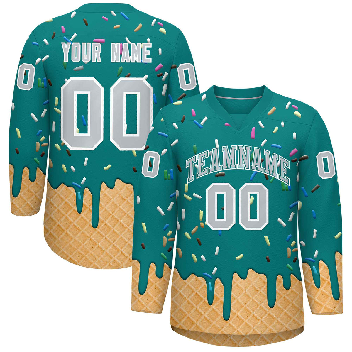 Custom Teal Silver Ice Cream Pattern Personalized V-Neck Hockey Jersey