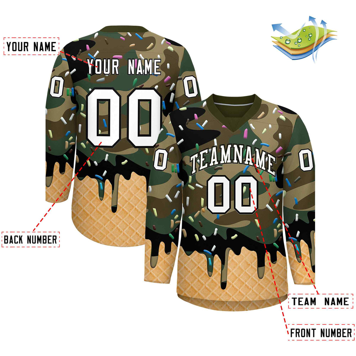 Custom Camo White Ice Cream Pattern Personalized V-Neck Hockey Jersey