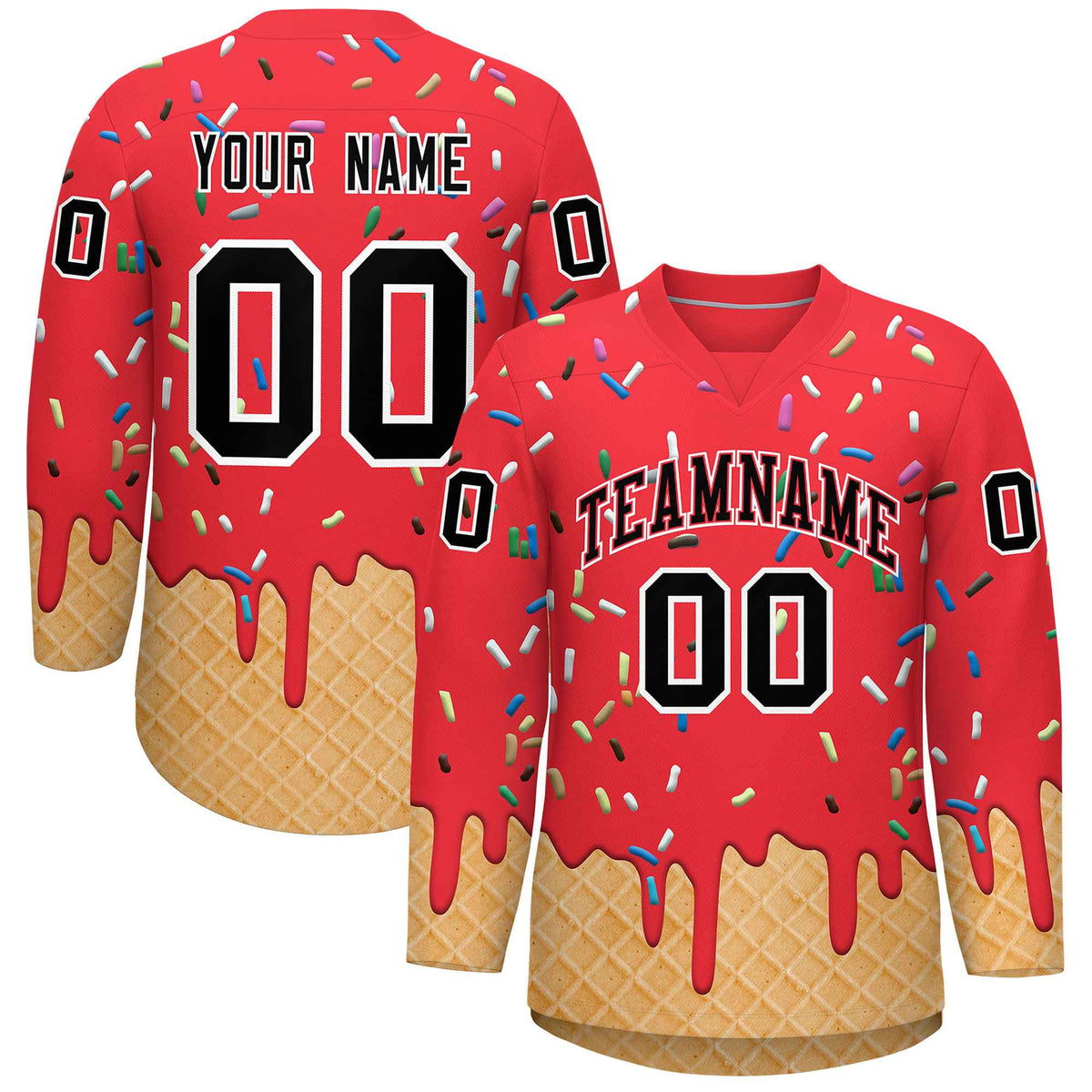 Custom Light Red Black Ice Cream Pattern Personalized V-Neck Hockey Jersey