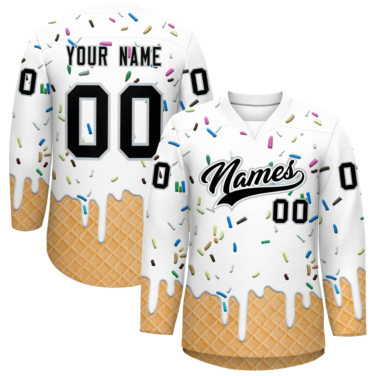 Custom White Black Ice Cream Pattern Personalized V-Neck Hockey Jersey