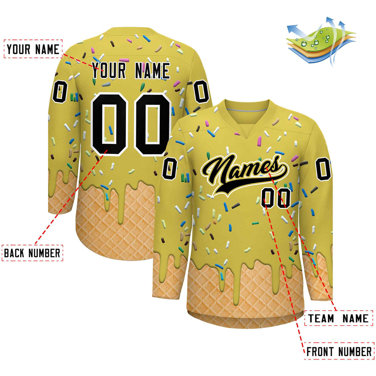 Custom Old Gold Black Ice Cream Pattern Personalized V-Neck Hockey Jersey