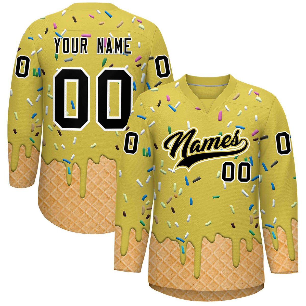 Custom Old Gold Black Ice Cream Pattern Personalized V-Neck Hockey Jersey