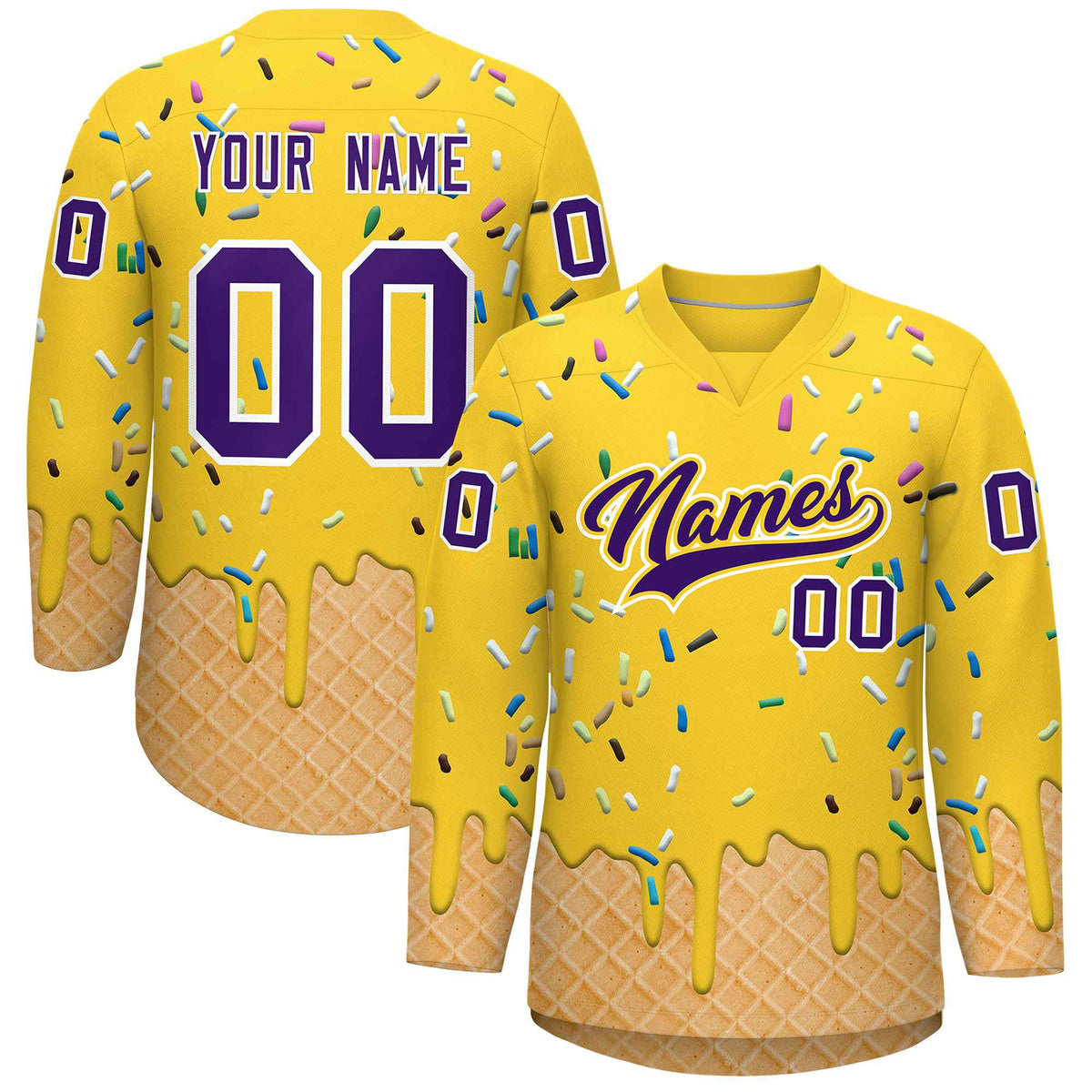 Custom Gold Purple Ice Cream Pattern Personalized V-Neck Hockey Jersey